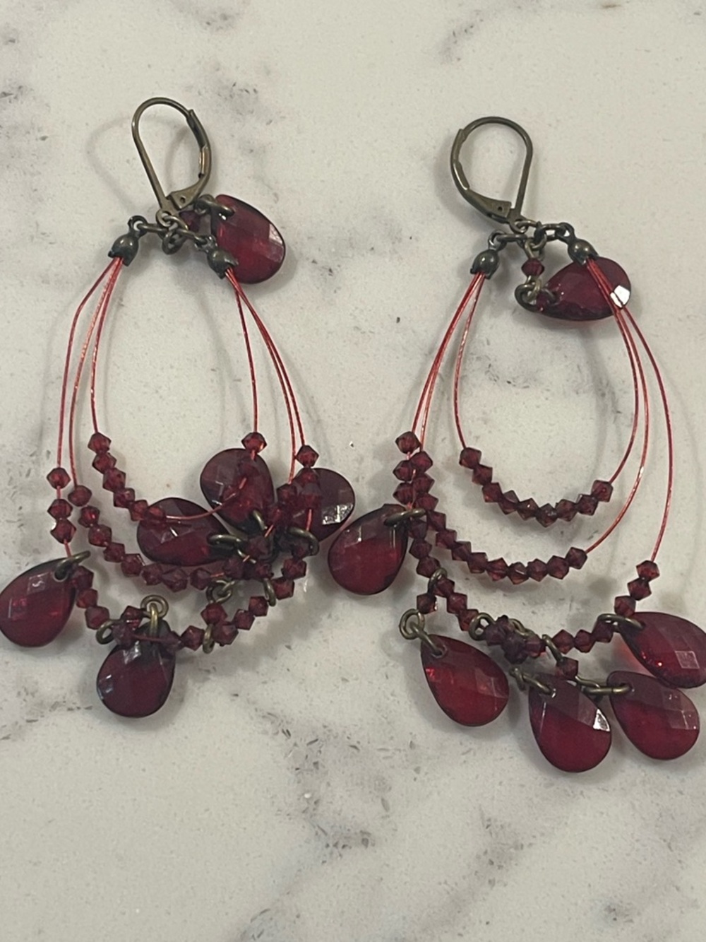 Red Teardrop Multi-Strand Dangle Earrings